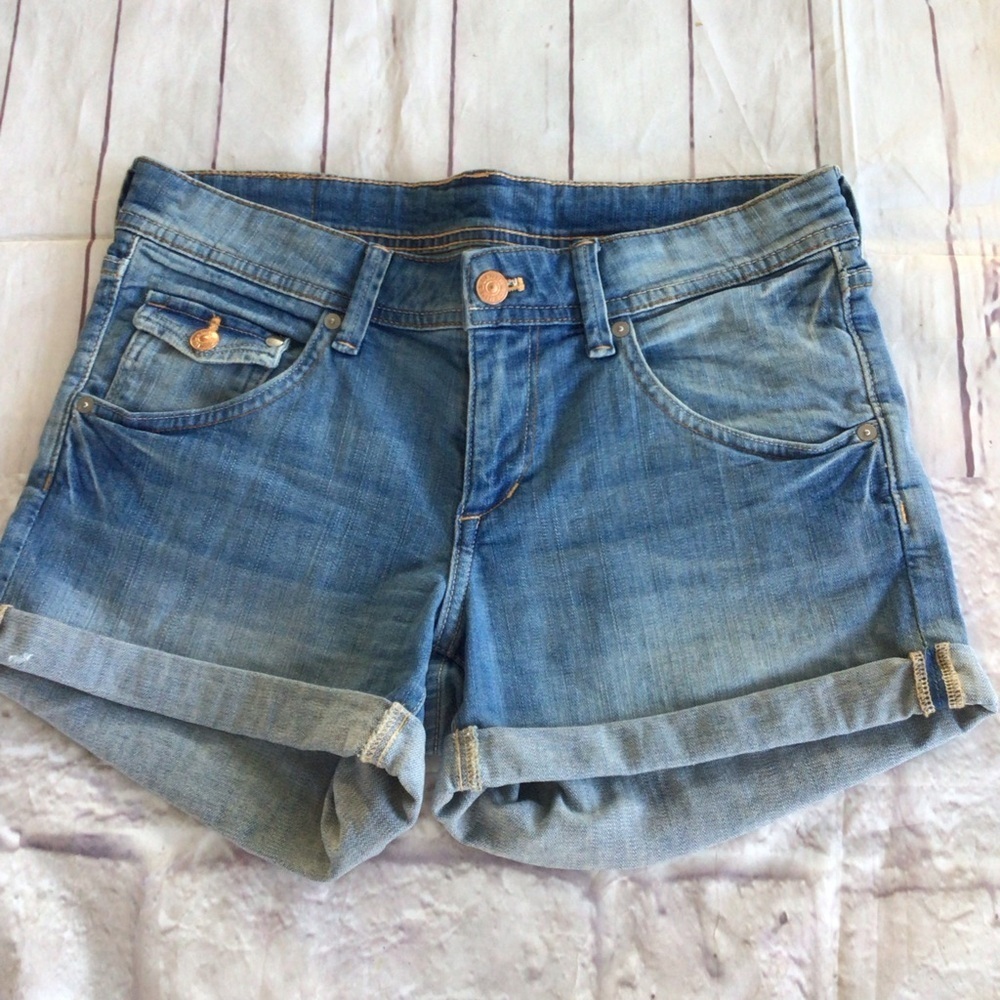 &Denim By H&M Cuffed Jean Shorts Medium Blue Wash Distressed Stretch - Picture 2 of 13